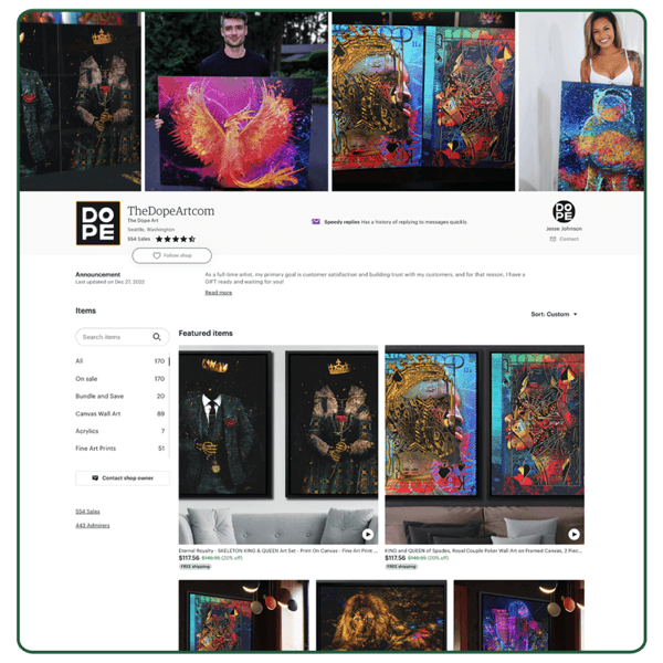 The Dope Art Etsy store profile with 5-star rating